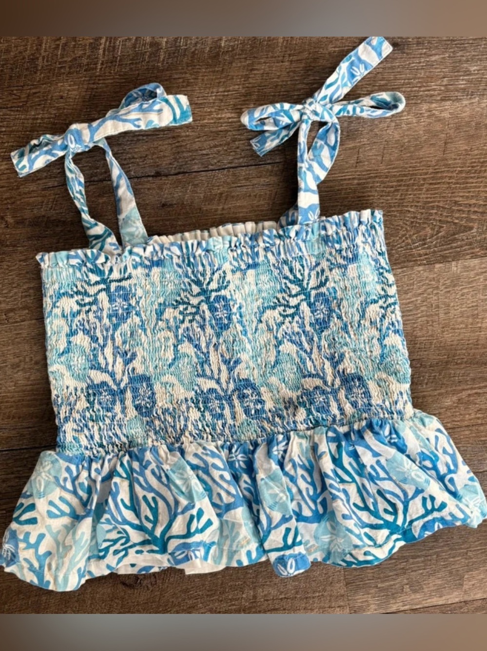 Haute Hippie || Blue Coral Print Smocked Crop Tank Top